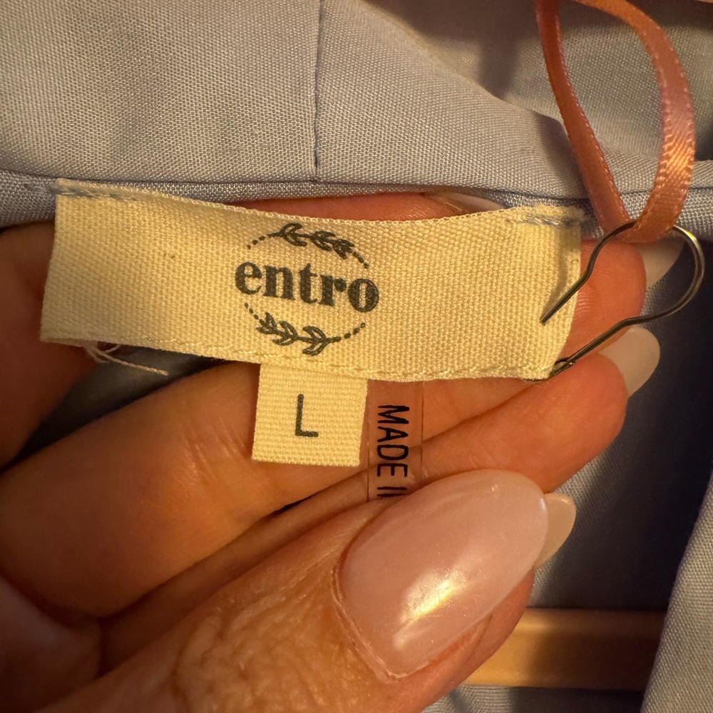 Entro Cap Sleeve-Sleeve Smocked Front-Zip Shirt Dress Blue Large - Picture 3 of 6